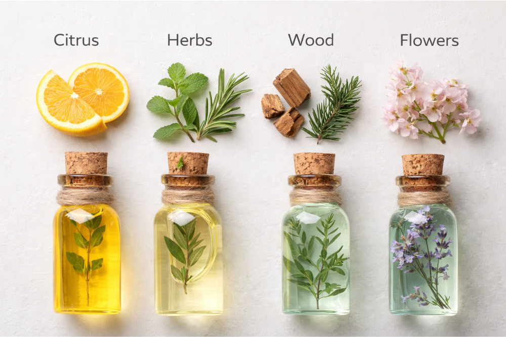 Etherische oliën naast elkaar verdeeld in geurfamilies: citrus, kruiden, hout en bloemen.