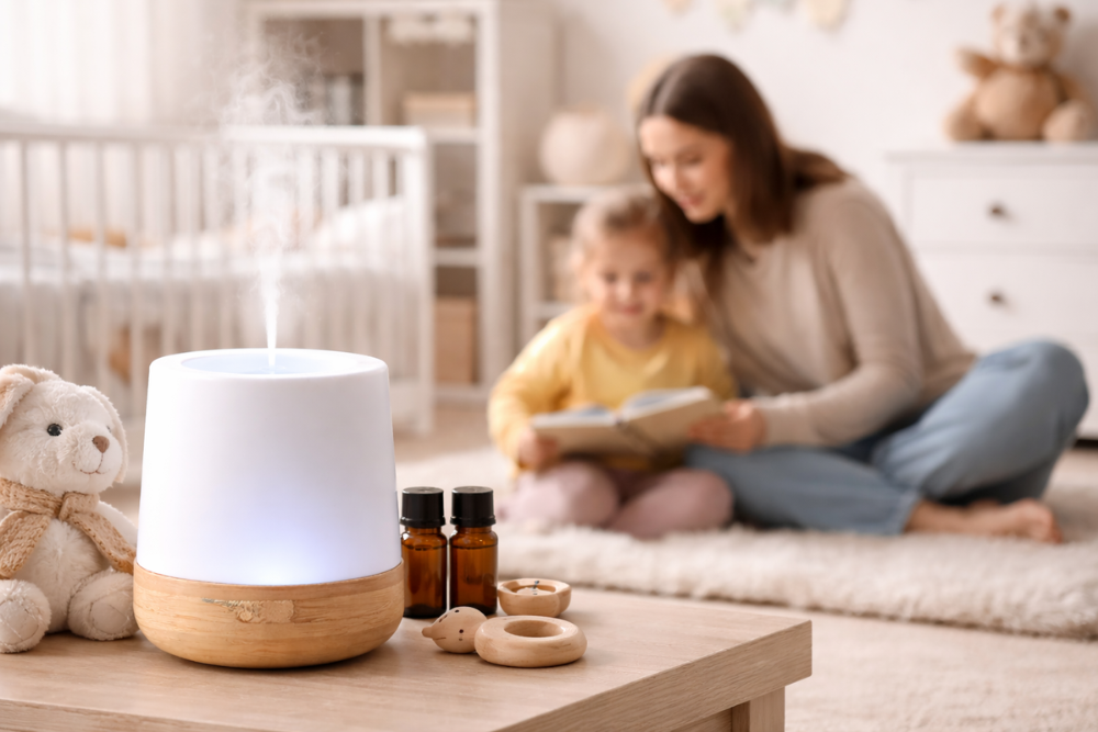 Diffuser met etherische olie in een kinderkamer, zachte mist en een rustige sfeer tijdens het samen lezen