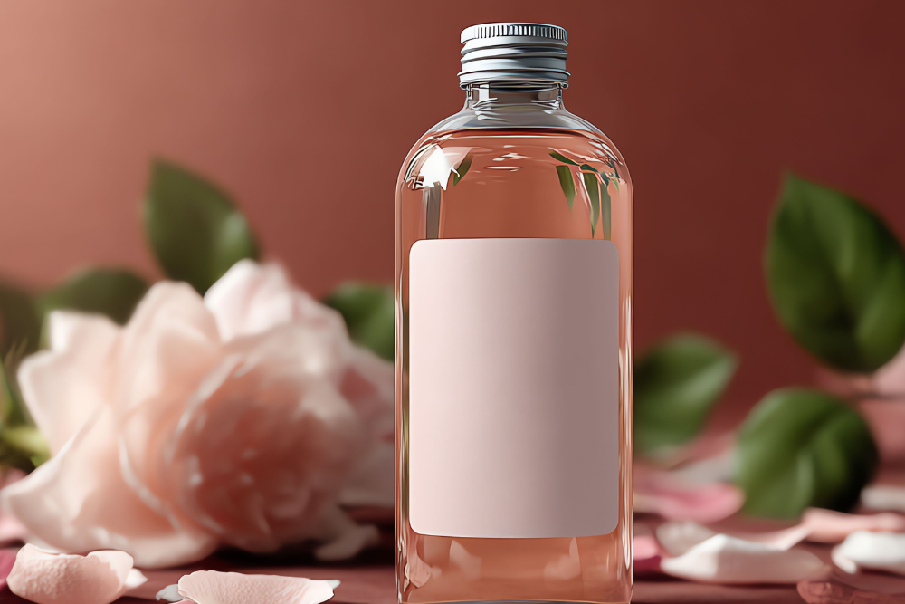 Glazen flesje met bloemwater en een bloem, symbool van zachte en milde aromatische verzorging