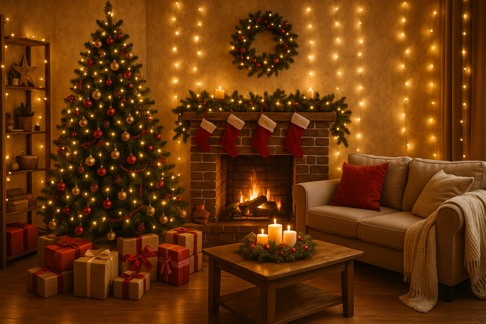 Een gezellige, kerstachtig versierde woonkamer met lichtjes, kerstboom, open haard en kaarsen, die een warme feestelijke sfeer schept.
