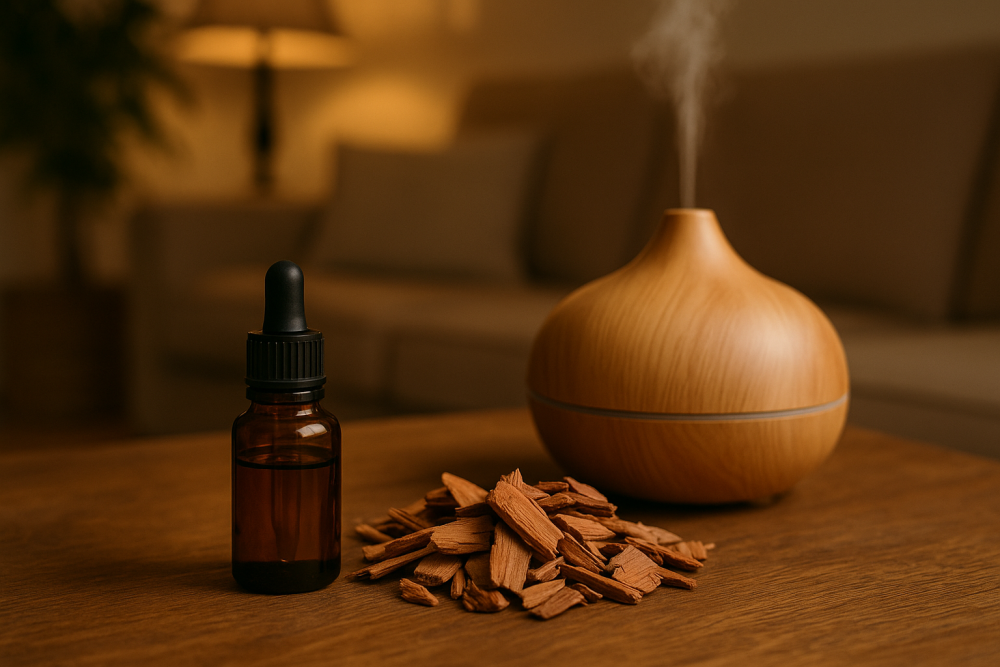 Etherische cederolie in een diffuser – zachte geur van hout in het interieur