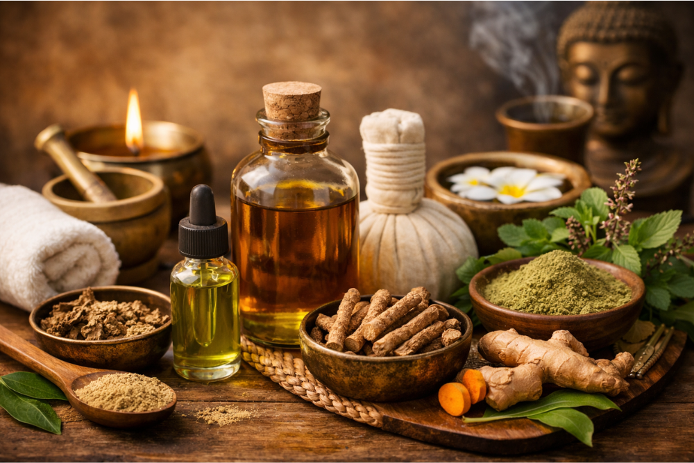 Ayurvedische cosmetica en oliën – traditionele oliemaceraten, kruidengrondstoffen en massagehulpmiddelen in een rustige, natuurlijke compositie