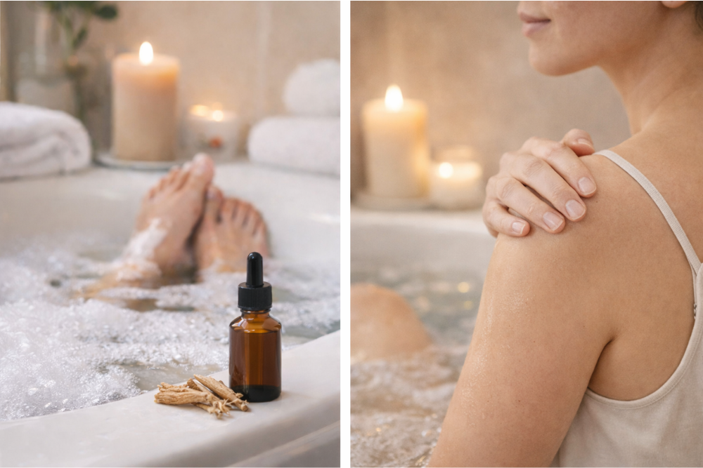 Gebruik van ashwagandha in cosmetica – badritueel met olie en een zachte lichaamsmassage in een rustige sfeer
