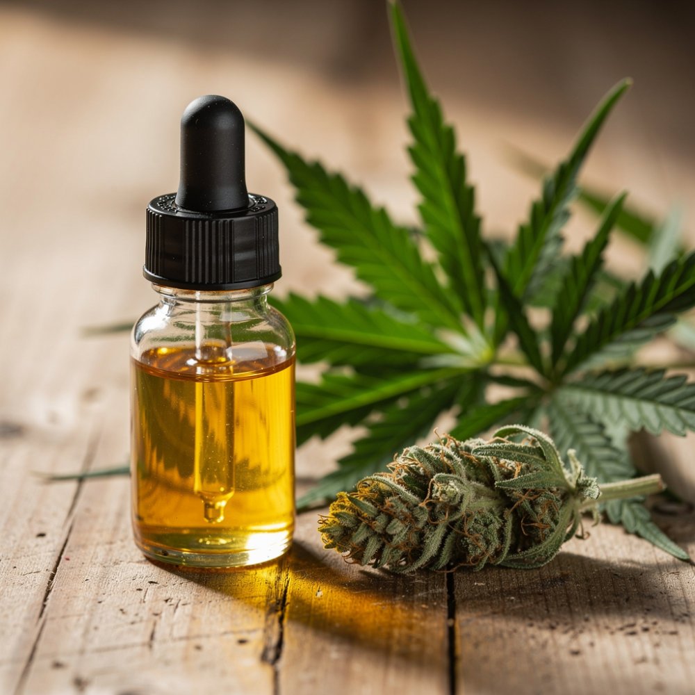 fles CBD-olie met druppelaar en hennepbladeren