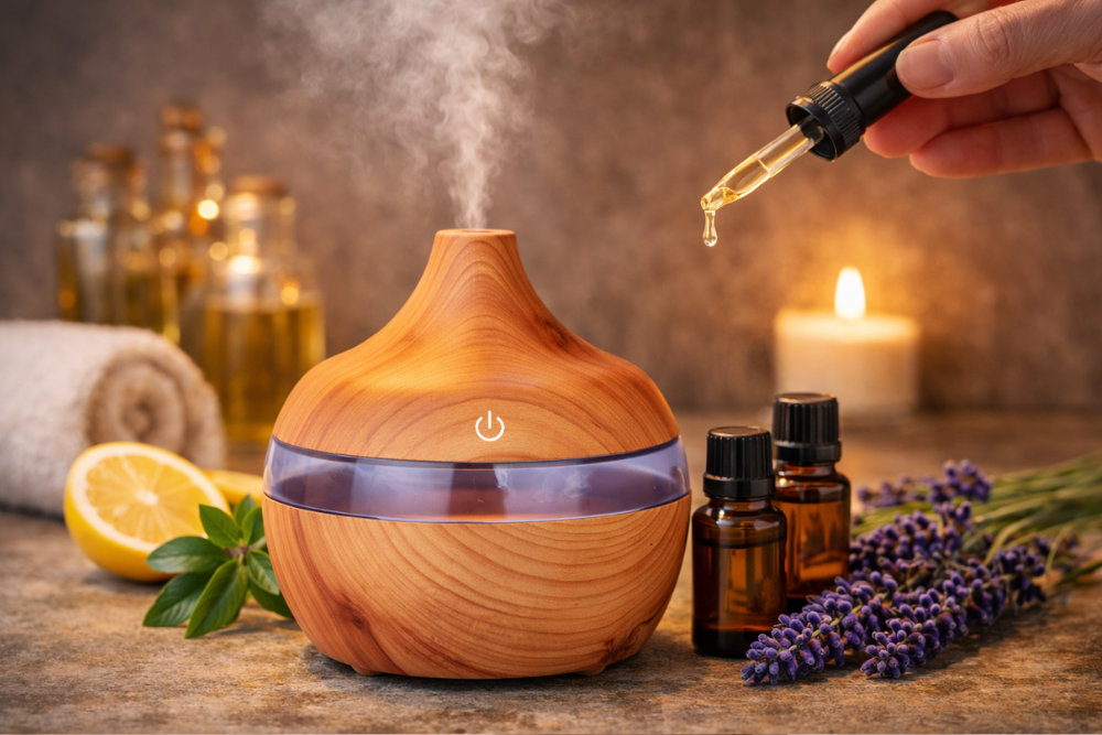 Ultrasone diffuser met houten design tijdens het gebruik van etherische olie, zachte damp in het interieur.