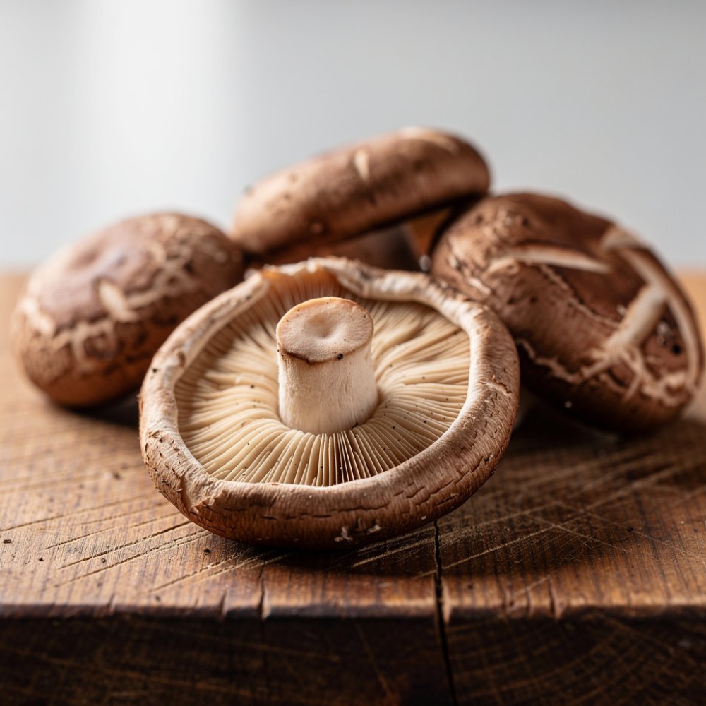 Verse shiitake-paddenstoelen op een houten snijplank