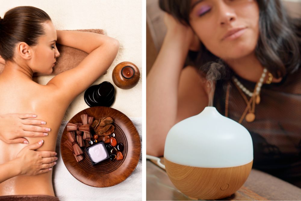 Ontspannende aromatherapie – diffuser met etherische olie en kaarsen in een rustige omgeving