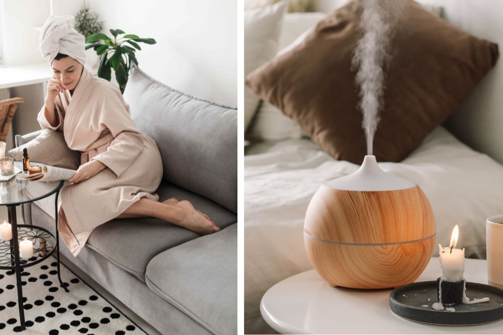 Aromatherapie thuis met etherische oliën – rust, diffuser en kaarsen na het eten