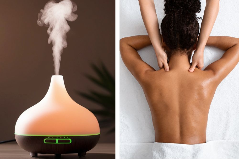 Aromadiffuser met etherische olie en een ontspannende rugmassage voor aromatherapie