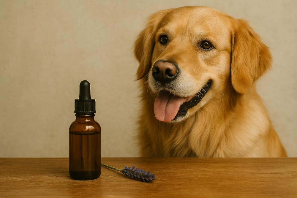Hond in een interieur naast een flesje etherische olie – zachte geur in een huishouden met honden