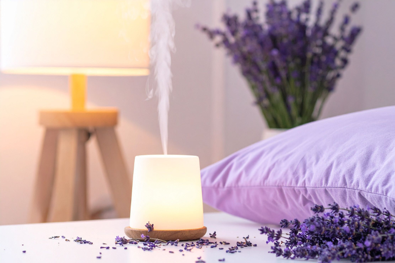 Aromadiffuser met lavendel op een nachtkastje in de slaapkamer.
