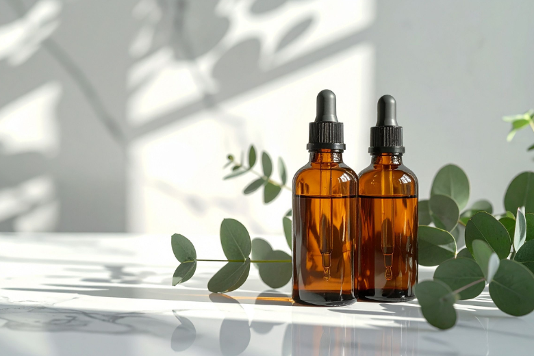 Bruine glazen flesjes met etherische olie en eucalyptustakjes.