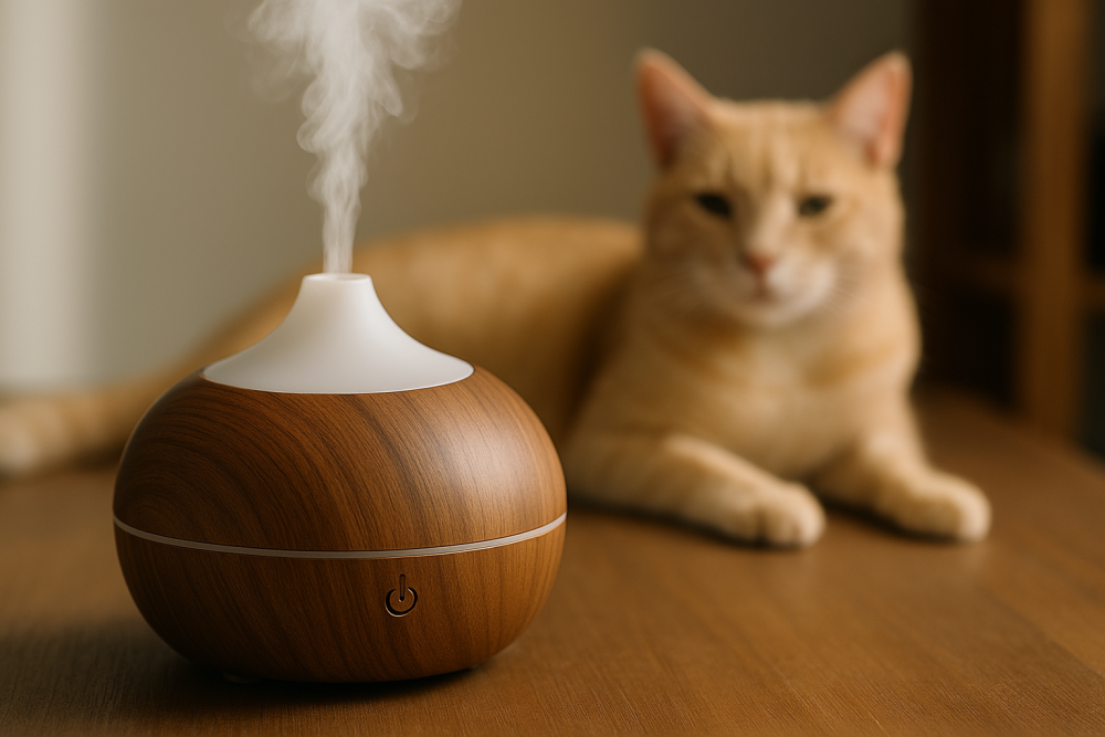 Aromadiffuser in een interieur met een onscherpe kat op de achtergrond – voorzichtig gebruik van etherische oliën in een huishouden met dieren