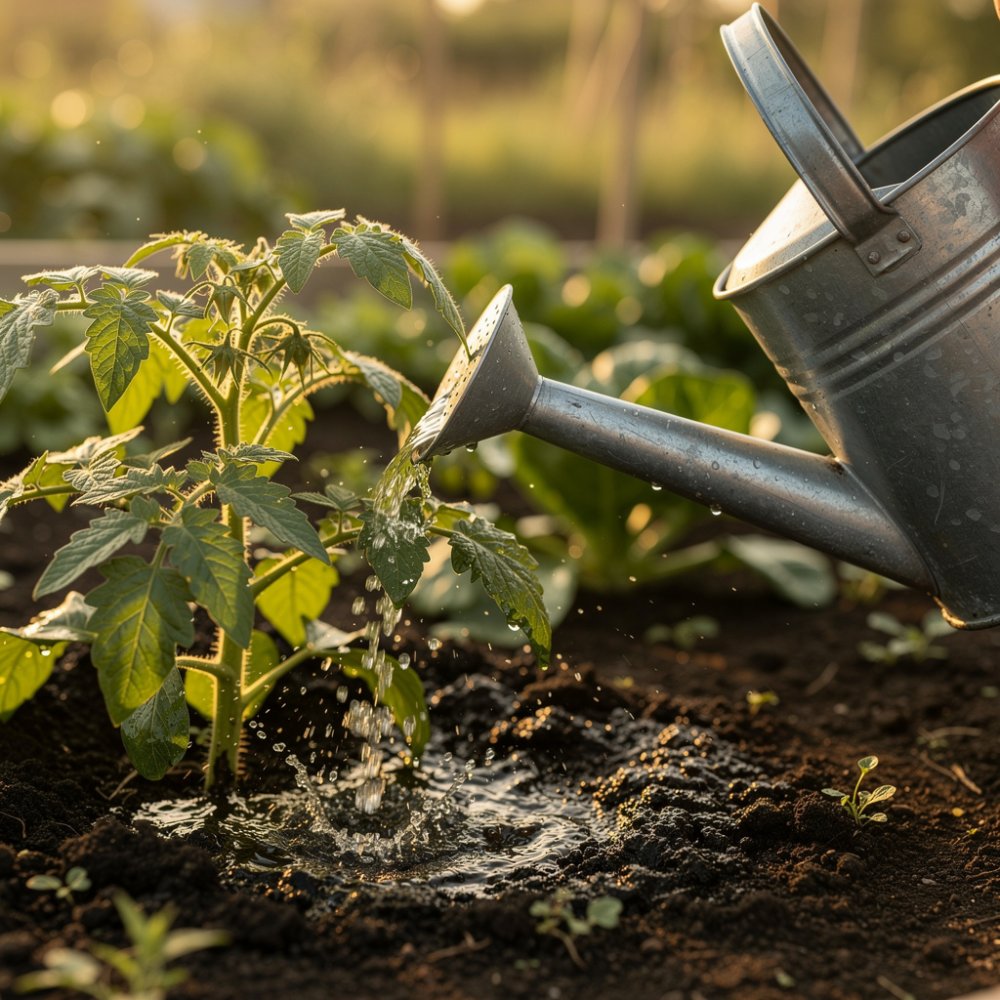 Metalen gieter giet water over tomaten in de tuin