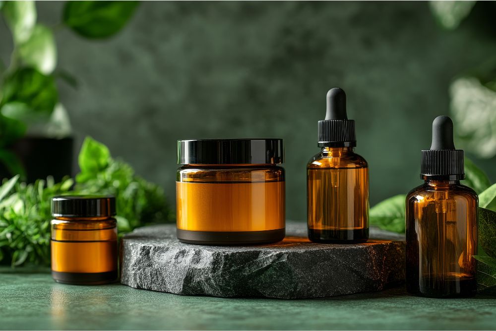 Flesjes met etherische oliën op een natuurlijke achtergrond – natuurlijke cosmetische verzorging.