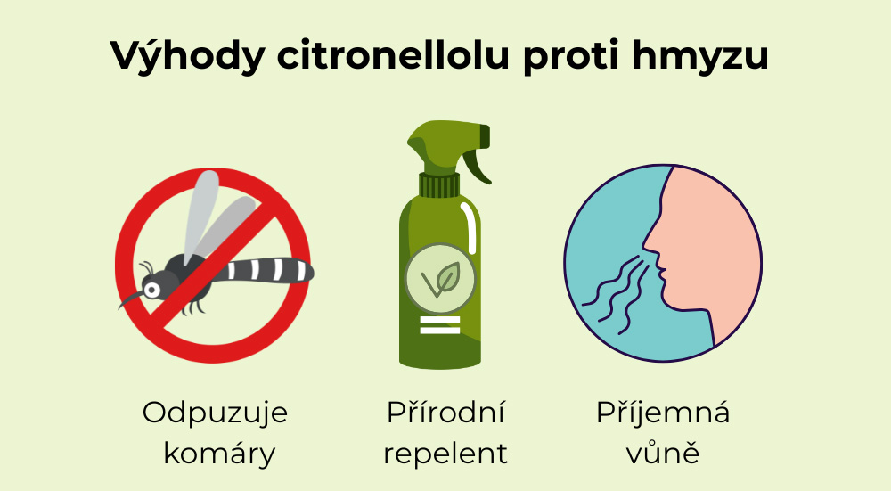 Infographic over de voordelen van citronellol – frisse natuurlijke geur, plantaardige oorsprong, gebruik in producten voor buiten.