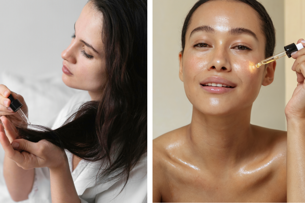 Vrouw brengt een cosmetische olie met pipet aan op huid en haar als onderdeel van voedende verzorging