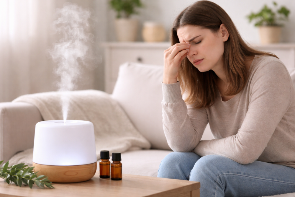 Vrouw zit bij een aromadiffuser en ervaart de te intensieve geur in de kamer als onprettig