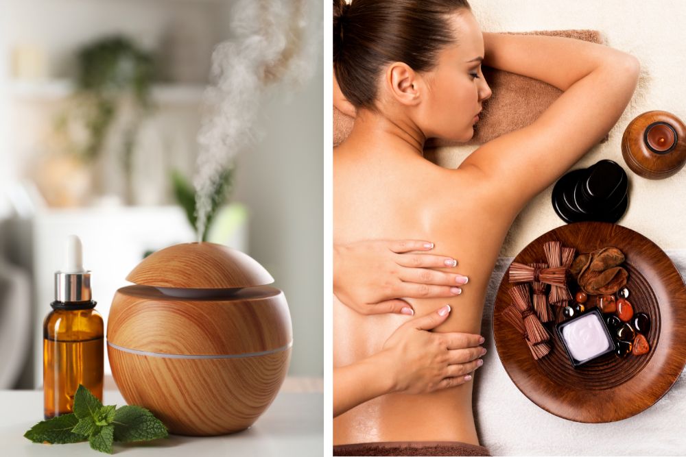 Glazen flesjes met etherische oliën voor aromatherapie en een goed humeur