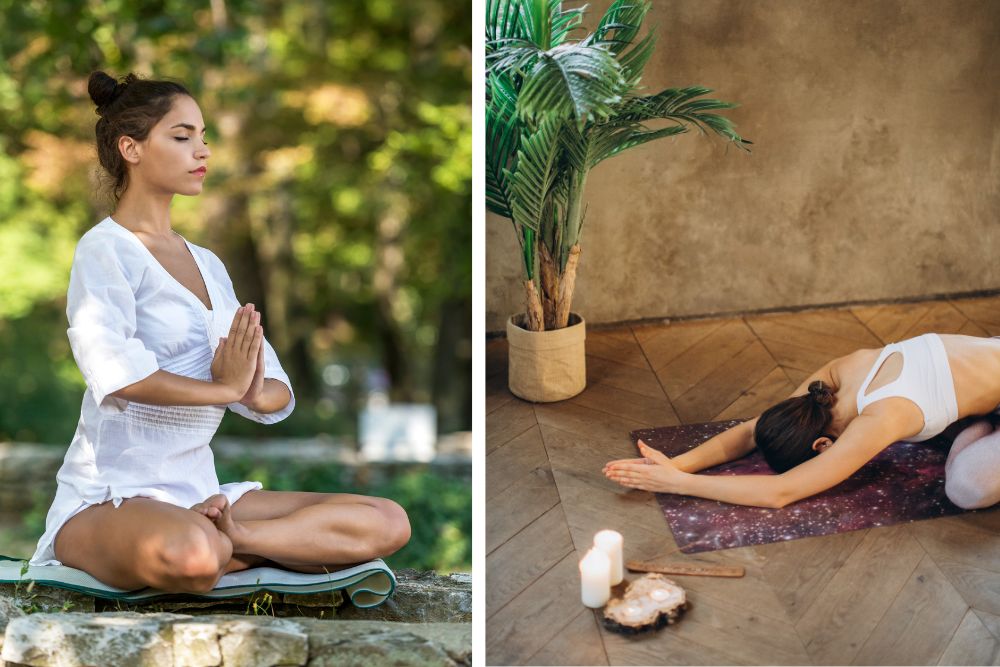 Ontspannende scène met wierookolie – diffuser, kaarsen en meditatieruimte