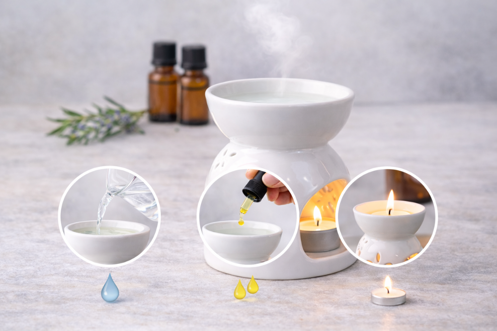 Werkwijze bij een aromalamp – water gieten, druppels etherische olie toevoegen en verwarmen met een kaars