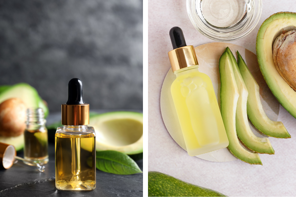 Avocado-olie in een cosmetisch pipetflesje naast een doorgesneden avocado, illustratie van de dikkere textuur van de olie