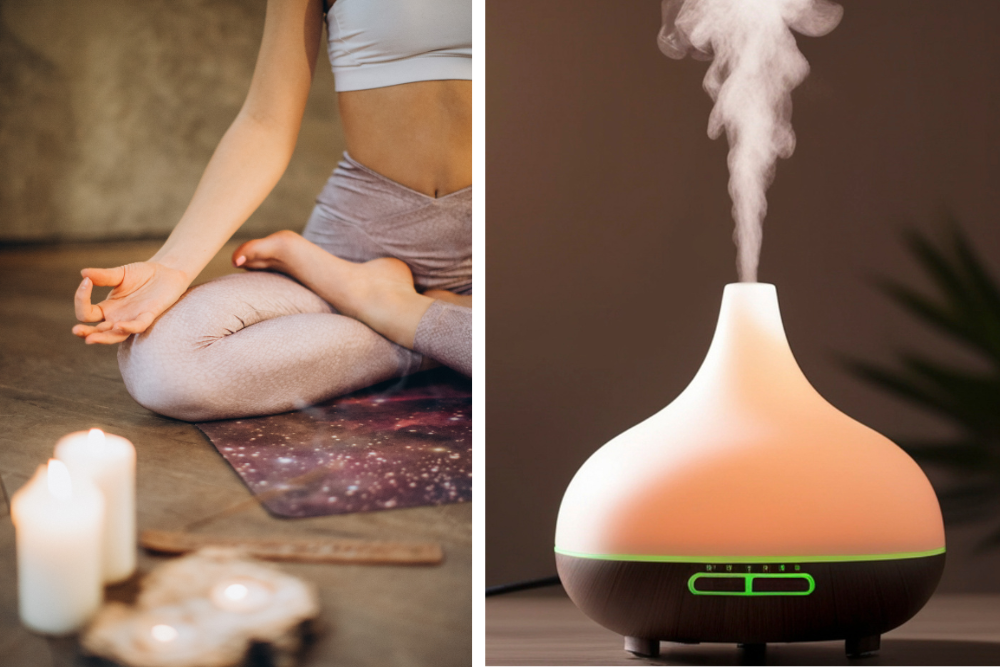 Vrouw die ontspant naast een aromadiffuser met zachte stoom, sfeer van aromatherapie thuis en rust.