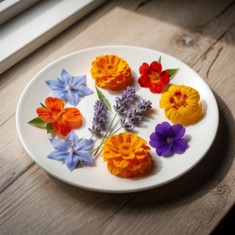 Kleurrijke mix van eetbare bloemen op een bord Kleurrijke mix van eetbare bloemen op een bord