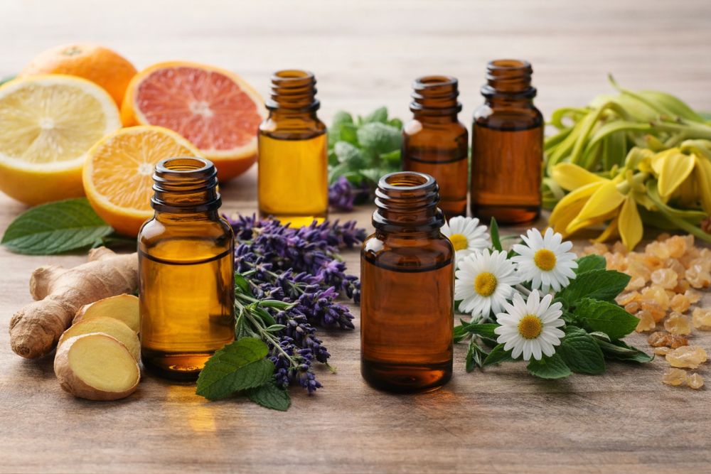 Gember etherische olie met citrusvruchten, lavendel, munt en kamille