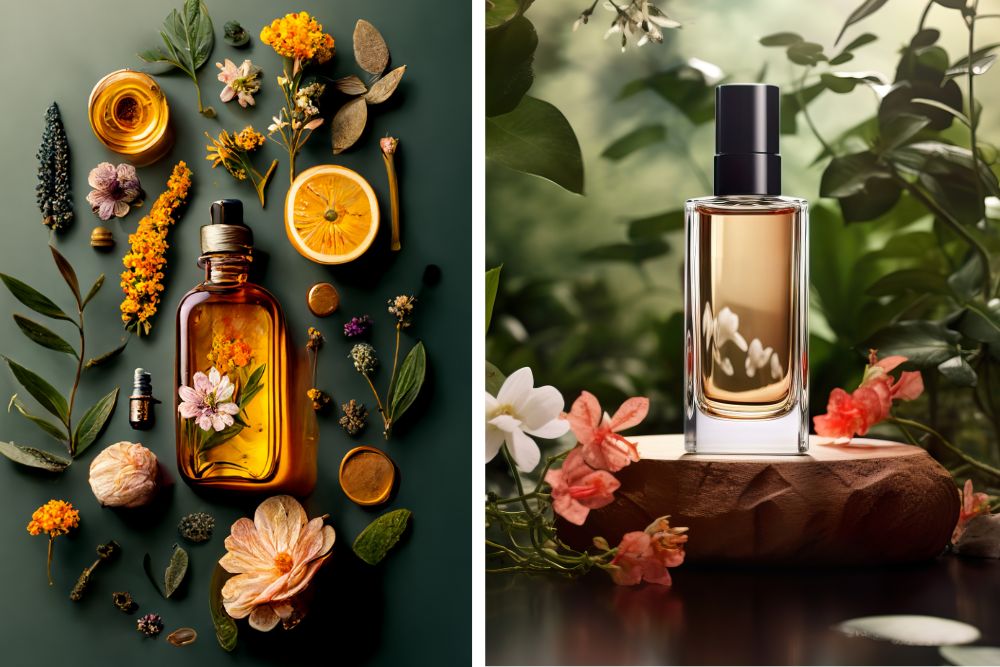 Ayurvedische massageoliën met natuurlijke ingrediënten en traditionele vaten voor aromatherapie