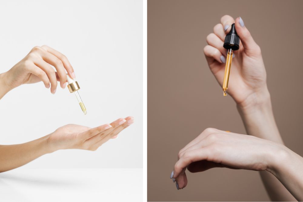 Druppelen van etherische olie met een pipet op de huid van de hand als onderdeel van aromatherapeutische verzorging.