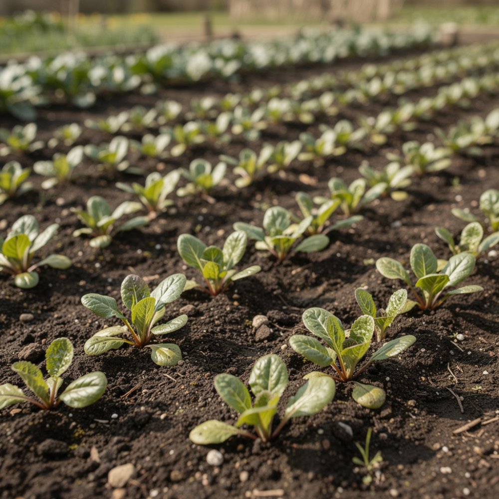 Bladchicorei in een tuinbed, groene bladeren met een vleugje rood Bladchicorei in een tuinbed, groene bladeren met een vleugje rood
