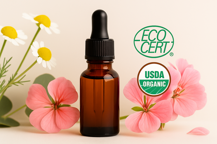 Flesje etherische olie met bloemen en de logo's van ECOCERT en USDA Organic.