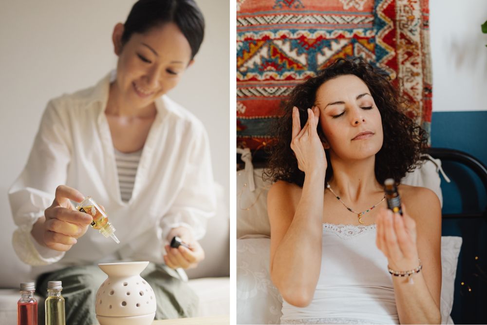 Natuurlijke etherische oliën van rozemarijn, lavendel en munt voor massage