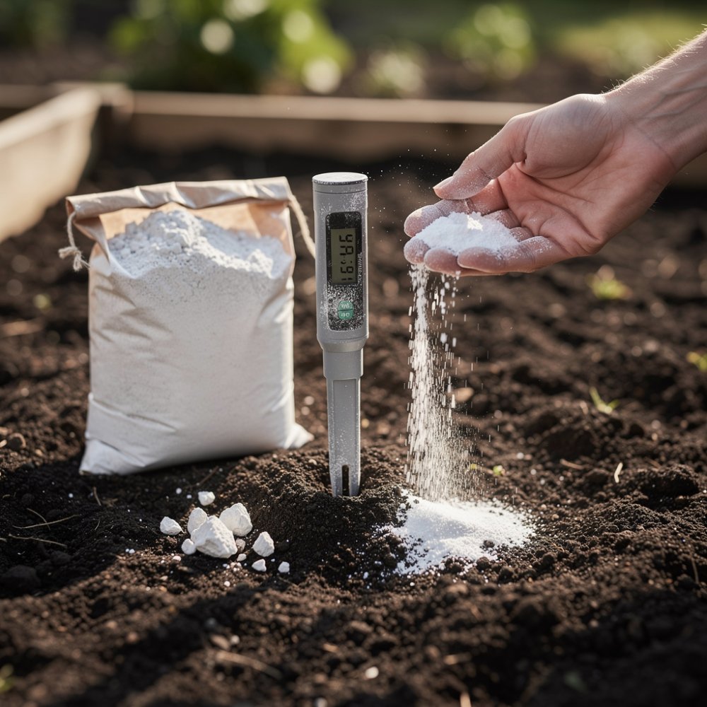Grond met een pH-meter en kalkpoeder op het oppervlak