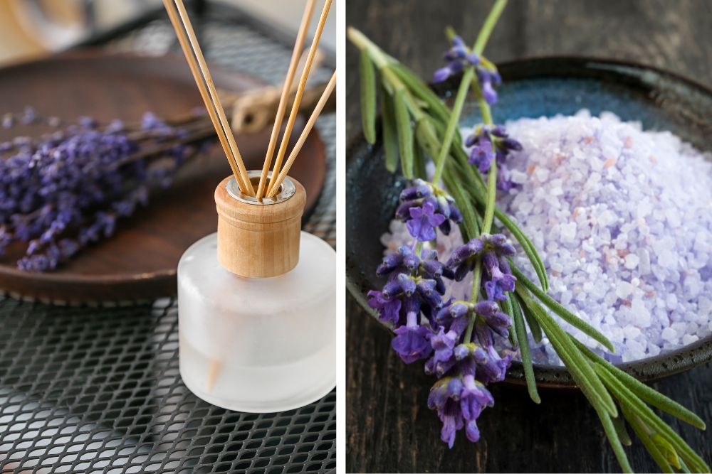 Lavendelbloemen en etherische olie voor aromatherapie en huidverzorging thuis