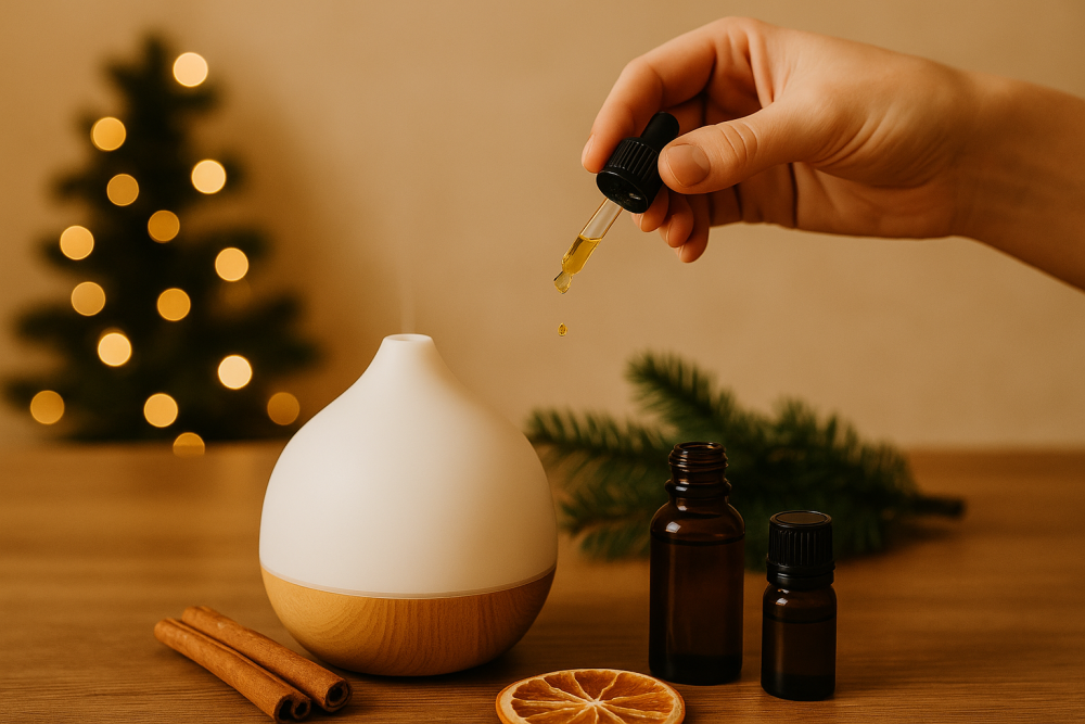 Een druppel etherische olie die in een aromadiffuser druppelt, met kerstdecoratie.