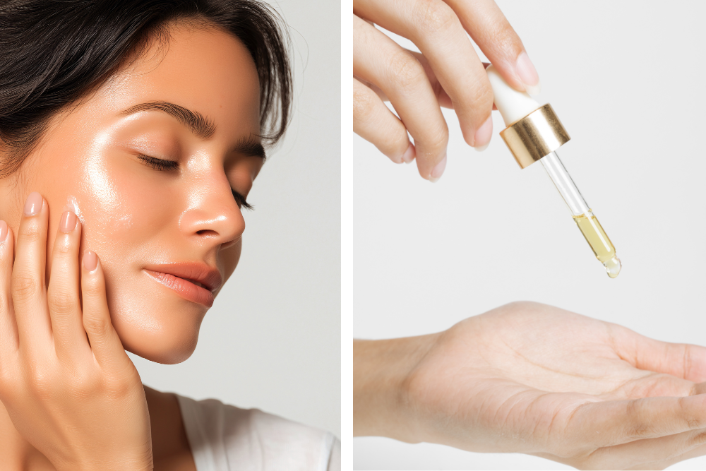 Vrouw brengt jojobaolie met een pipet aan op de huid – detail van het aanbrengen van een natuurlijke gezichtsolie.