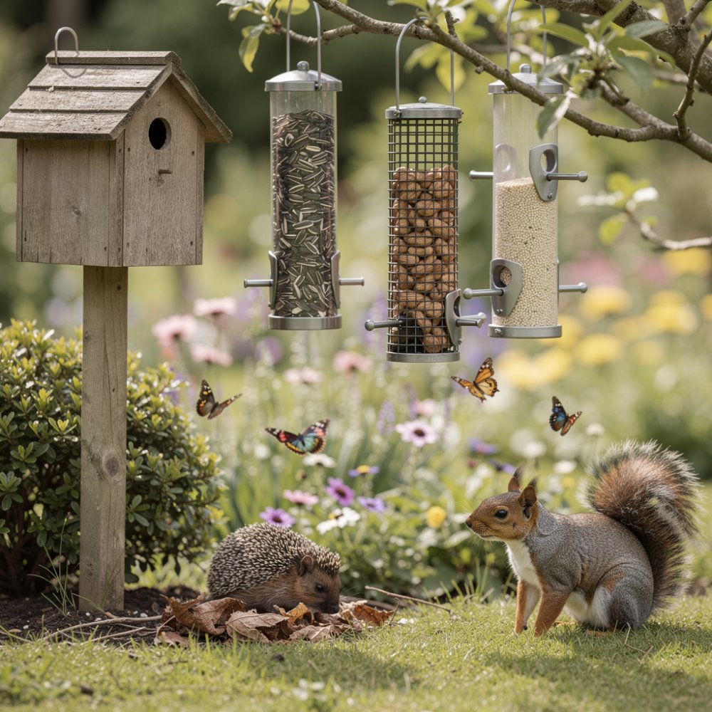 Vogels die zich tegoed doen aan hangende voederbakken in de tuin Vogels die zich tegoed doen aan hangende voederbakken in de tuin