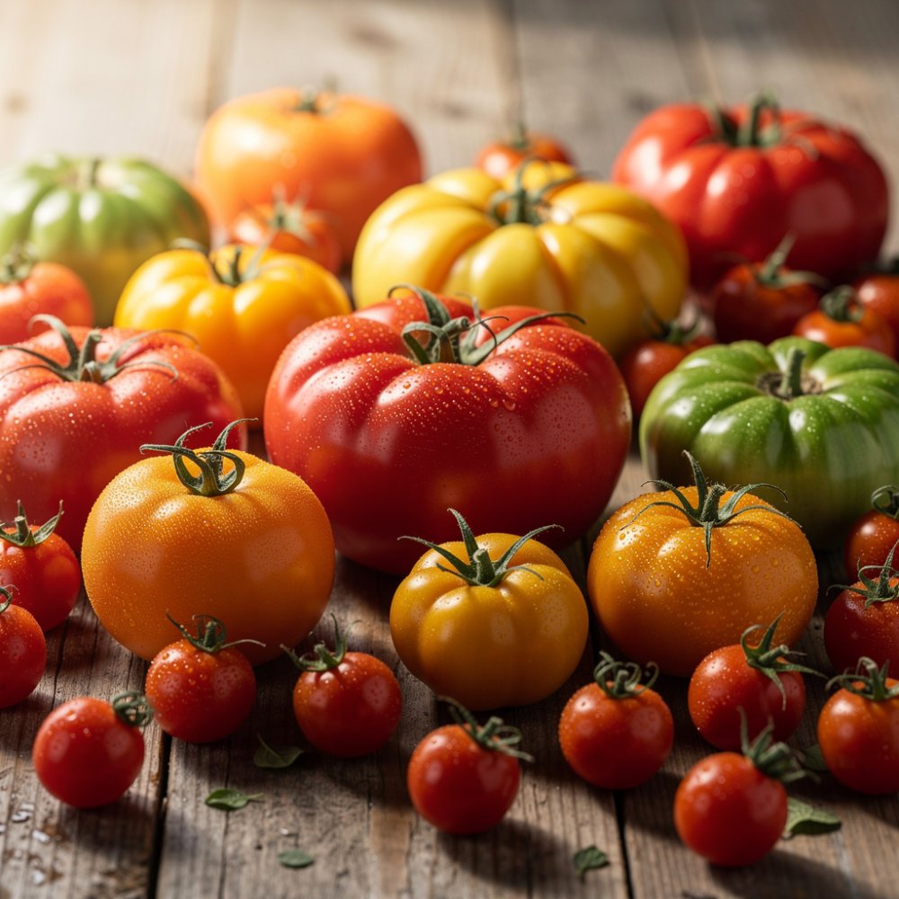 Diverse variëteiten verse tomaten op een houten ondergrond