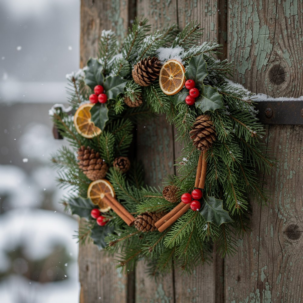 Kerstkrans van dennennaalden, dennenappels en gedroogde vruchten op houten deuren