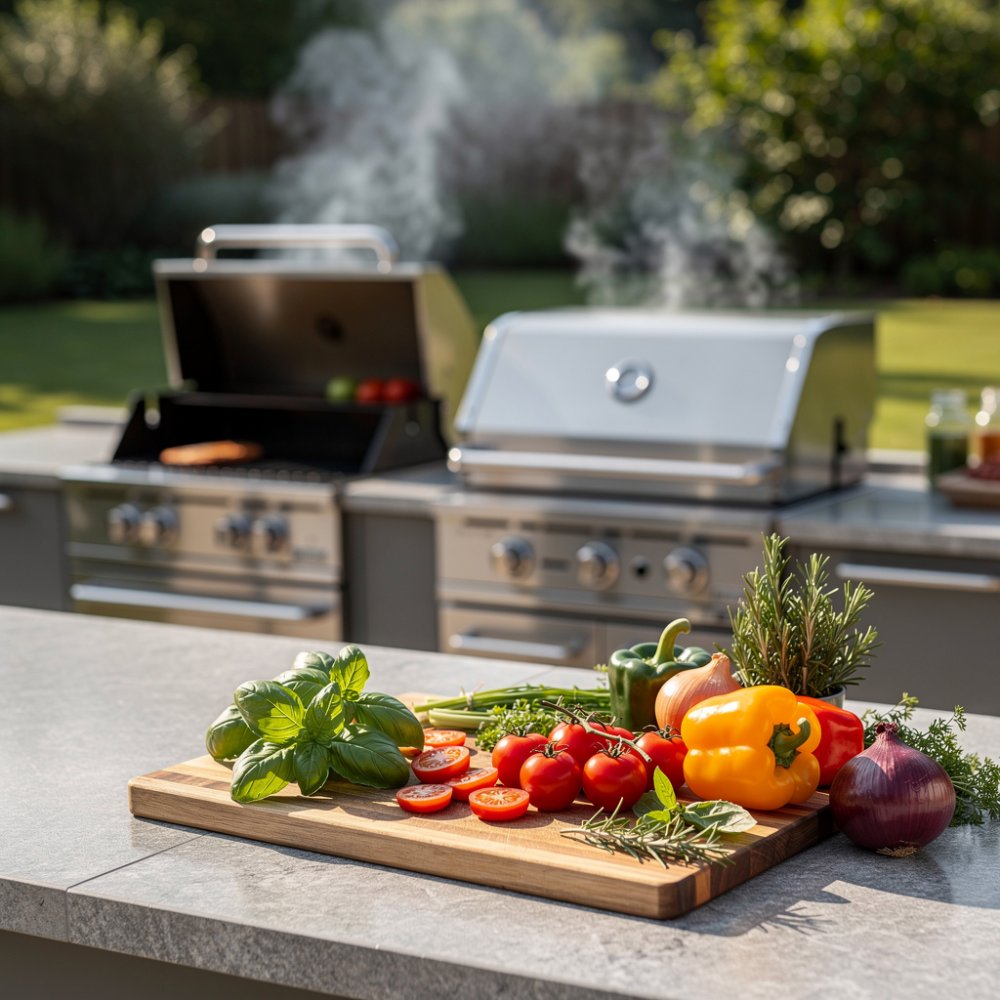 Moderne buitenkeuken met grill en verse kruiden Moderne buitenkeuken met grill en verse kruiden
