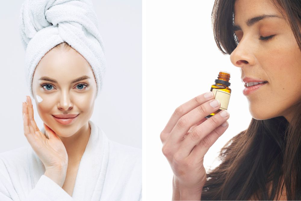 Vrouw brengt crème met etherische lavendelolie aan en ruikt in de aromatherapie aan een flesje – natuurlijke huidverzorging.